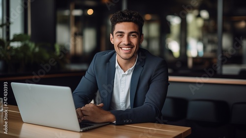 Capture the essence of a good-looking millennial office employee or student sitting at a desk in front of a laptop, smiling, and confidently looking at the camera.  © Wajid