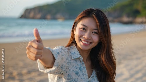 Smiling asian female showing thumbs up in the beach vacation photo