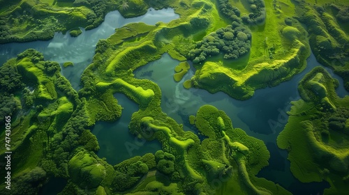 aerial view of lush greenery and water creating natural patterns on landscape © pier
