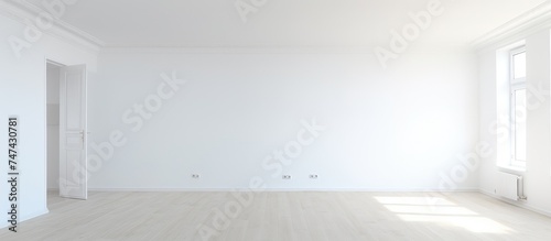 An empty room featuring white walls and floors  providing a clean and minimalistic space. The simplicity of the room allows for versatile decorating options and a sense of spaciousness.