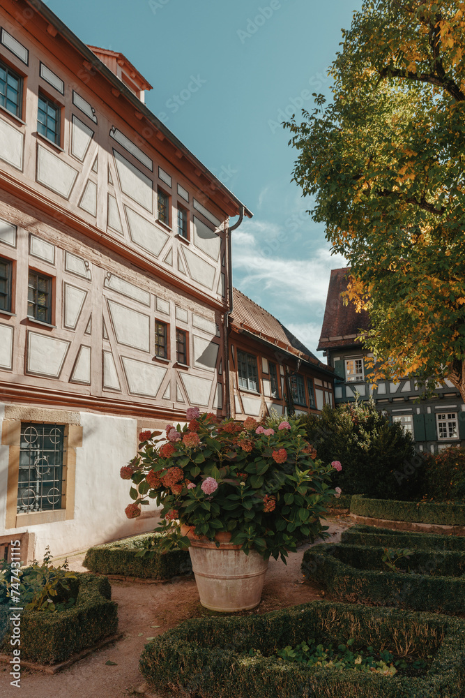 Beautiful Garden and Old National German Half-Timbered houses Town House in Bietigheim-Bissingen, Baden-Wuerttemberg, Germany, Europe. Old Town is full of colorful and well preserved buildings.