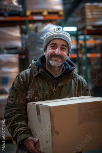 A man holding a box in a warehouse, suitable for logistics concepts
