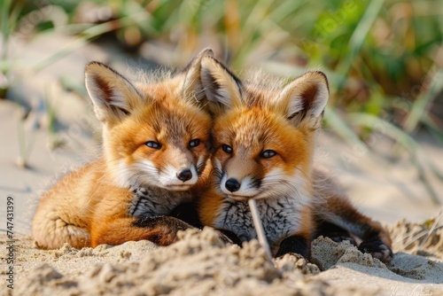 Two foxes lounging on a sandy beach, suitable for nature and wildlife concepts