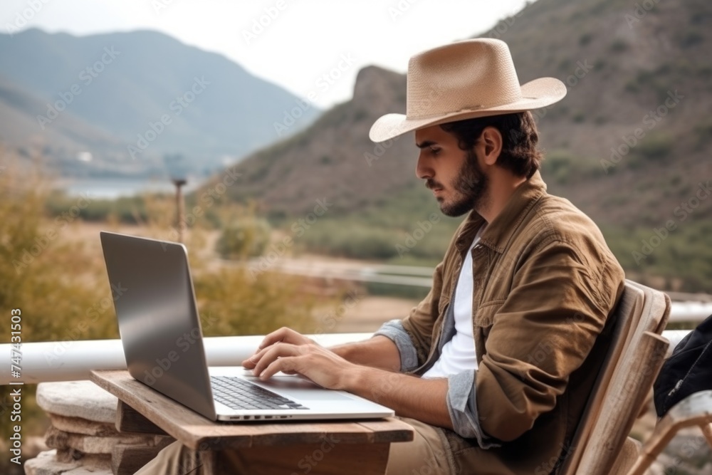 A man sitting at a table working on a laptop. Ideal for technology and remote work concepts