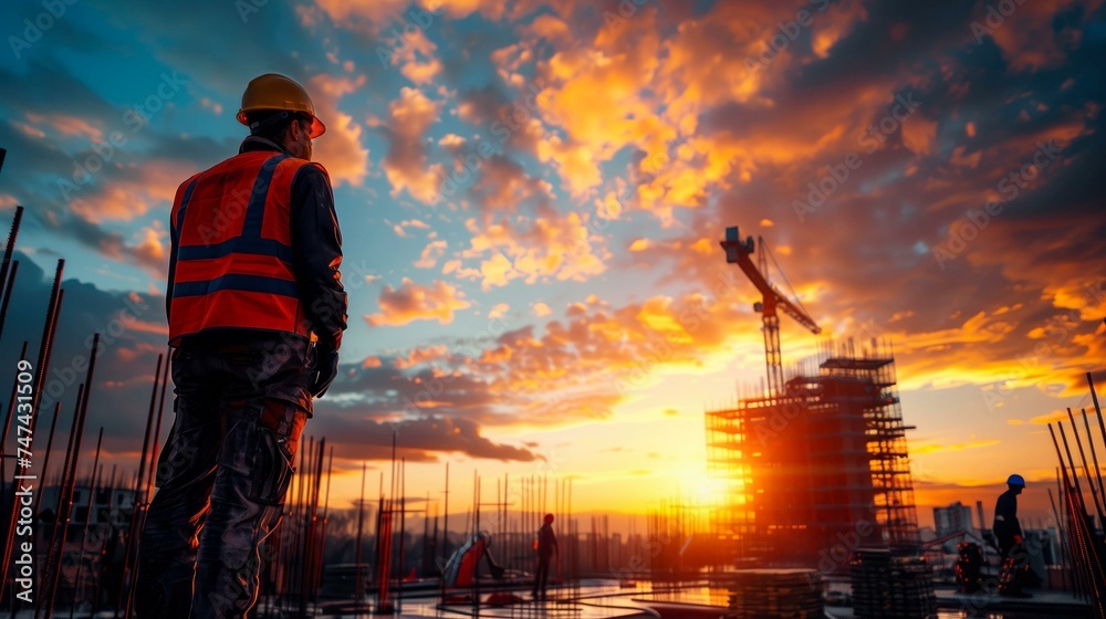 Fototapeta premium Construction worker overseeing a skyscraper building site at sunset