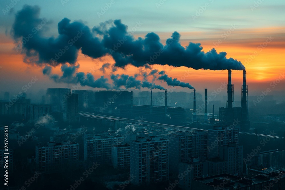 Industrial smokestacks emitting pollution at sunrise