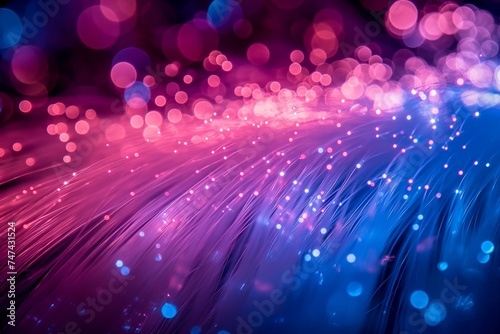 Abstract background with blue and pink light spots and fiber optics