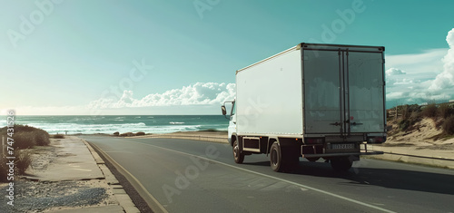 a truck travels the road to deliver goods on a beautiful afternoon by the beach