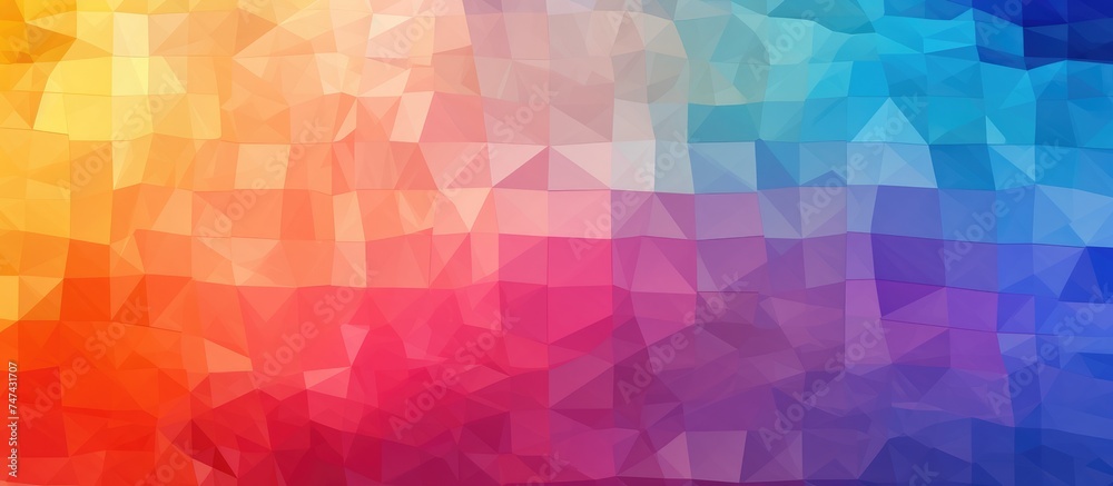 This abstract background features a multitude of shapes in vibrant, radiant colors. The design includes polygons, rectangles, and other geometric forms, creating a pixelated mosaic effect.