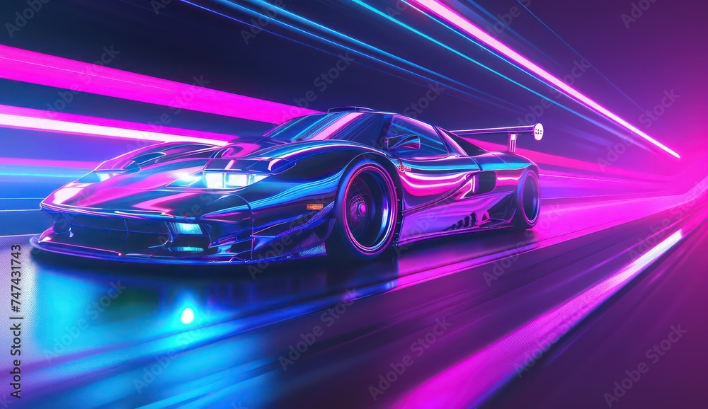 a neon car rides down the road in a neon environment, colorful and bold, heavy line work