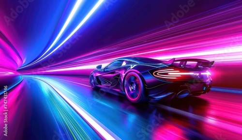 a neon car rides down the road in a neon environment, colorful and bold, heavy line work