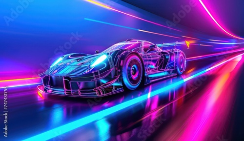 a neon car rides down the road in a neon environment, colorful and bold, heavy line work