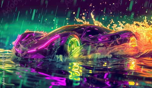 a neon sci fi car on a green background, violet and amber, hyper-realistic water