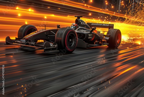 a racing car driving on the roads, in the style of texture-rich surfaces, golden light © STOCKYE STUDIO