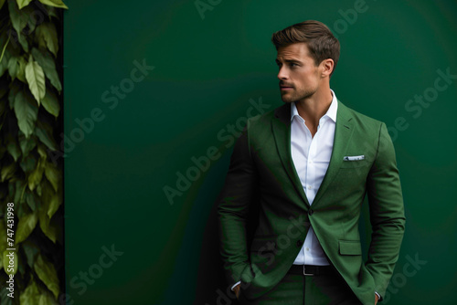 A dashing male model, impeccably dressed in business attire, strikes a pose against a captivating green solid wall backdrop, exuding confidence and allure.
