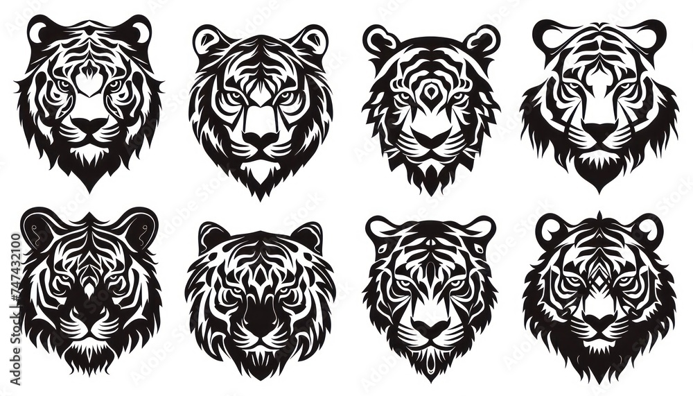 a set of tiger tattoos on white background, in the style of distinct facial features, flowing silhouettes