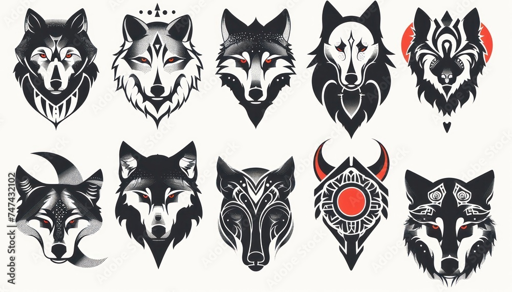 set of wolf tattoos on white background, in the style of distinct facial features, flowing silhouettes set of wolf tattoos on white background, in the style of distinct facial features, flowing silhouettes
