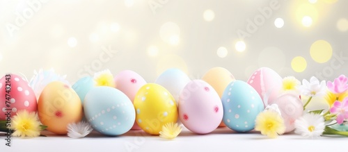 A row of colorful Easter eggs, decorated with intricate designs, sits neatly on top of a wooden table. Each egg is uniquely adorned with vibrant colors and patterns,