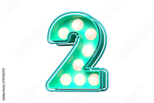 Vintage 3D number 2 in teal and pink. Bulb marquee style font. High quality 3D rendering.
