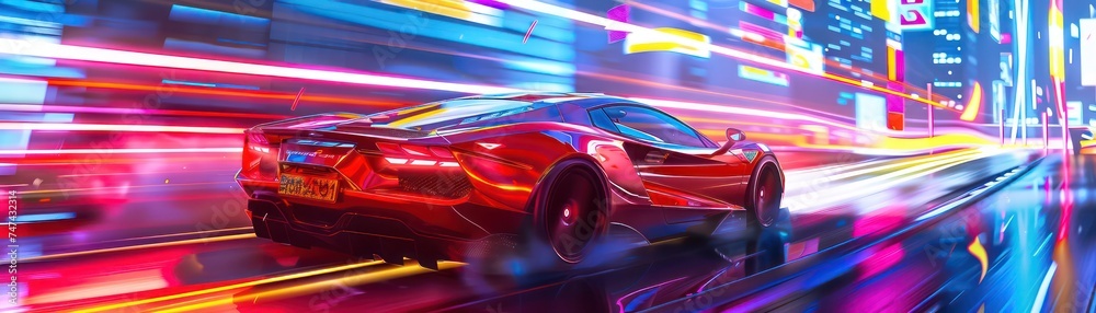 a supercar driving in an urban setting, in the style of radiant neon patterns, photo realistic compositions
