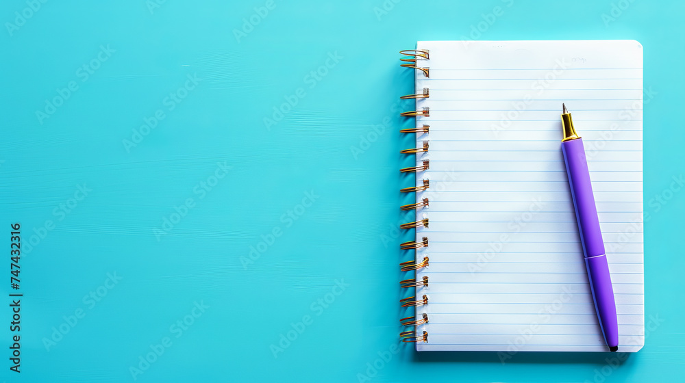Top view of notepad with pen lying on blue background