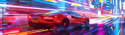 a supercar driving in an urban setting, in the style of radiant neon patterns, photo realistic compositions