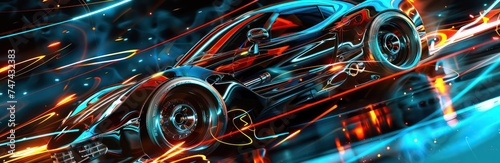 abstract graphics of cars on the screen, in the style of spectacular backdrops, lightningwave, dark azure and black