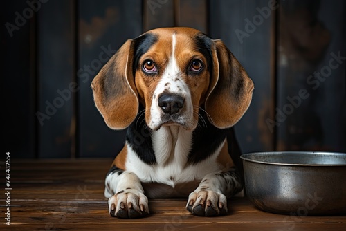A beagle dog is sitting on the floor, next to an empty bowl. The dog is waiting for feeding