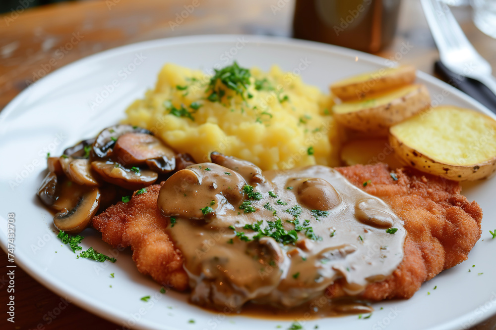 a traditional food of Germany, which is schnitzel in mushroom sauce, often served with potatoes or sauerkraut