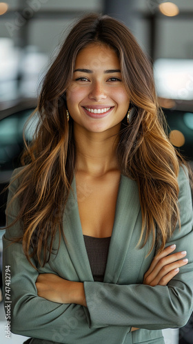 portrait of smiling young businesswoman standing with crossed arms in car showroom