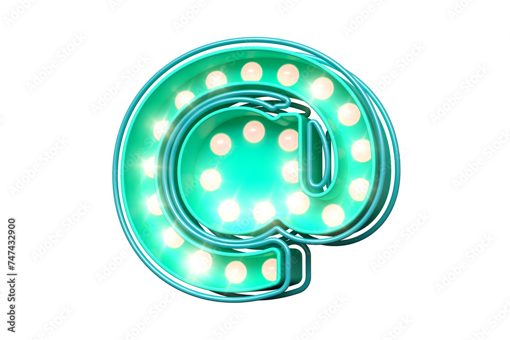 Light bulb marquee in the shape of email At sign in teal and bright soft pink. High quality 3D rendering.