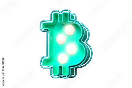 Light bulb marquee Bitcoin 3D logo in teal and soft pink. High quality 3D rendering.