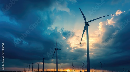 A stunning panoramic view of a wind farm with multiple turbines standing atop rolling hills against a dramatic sunset sky. Resplendent.