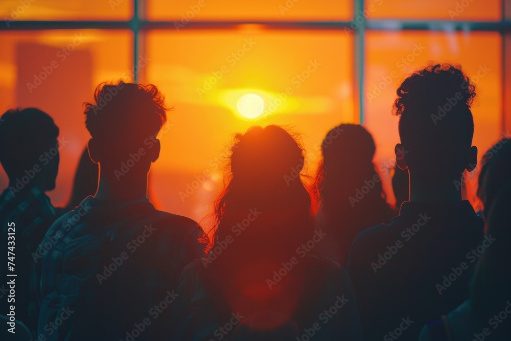 A group of people standing in front of a window. Ideal for business or team concept