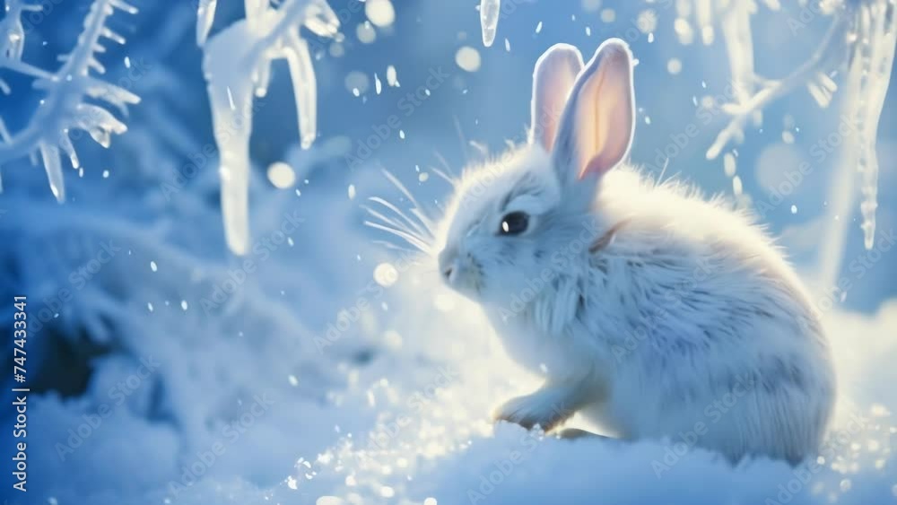 Closeup of a tiny white hare shivering in the cold surrounded by mounds of powdery snow and icicles hanging from above. Closeup of a tiny white hare shivering in the cold surrounded by mounds of powdery snow and icicles hanging from above.