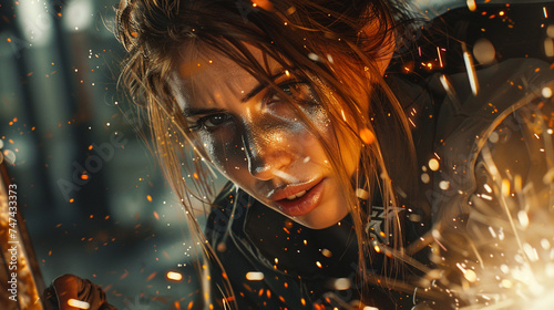 Beautiful girl welder in the workshop with sparks fly to the sides