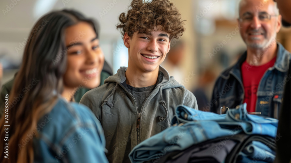 cheerful young man is engaging with others in what appears to be a community clothing donation event. cheerful young man is engaging with others in what appears to be a community clothing donation event.