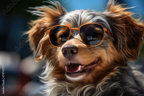 Funny cute dog with sunglasses against the blue sky in summer looks at the camera. Vacation concept © Irina Mikhailichenko