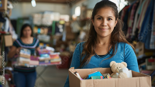 cheerful young woman is holding a box of donated items in a thrift store setting, with another person visible in the background.