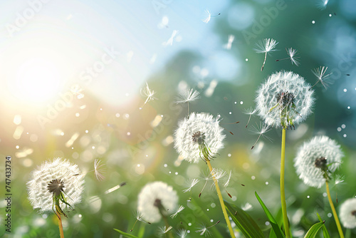 Dandelions with floating seeds in sunlight