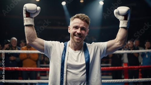 Boxing white man very happy and excited doing winner gesture with arms raised