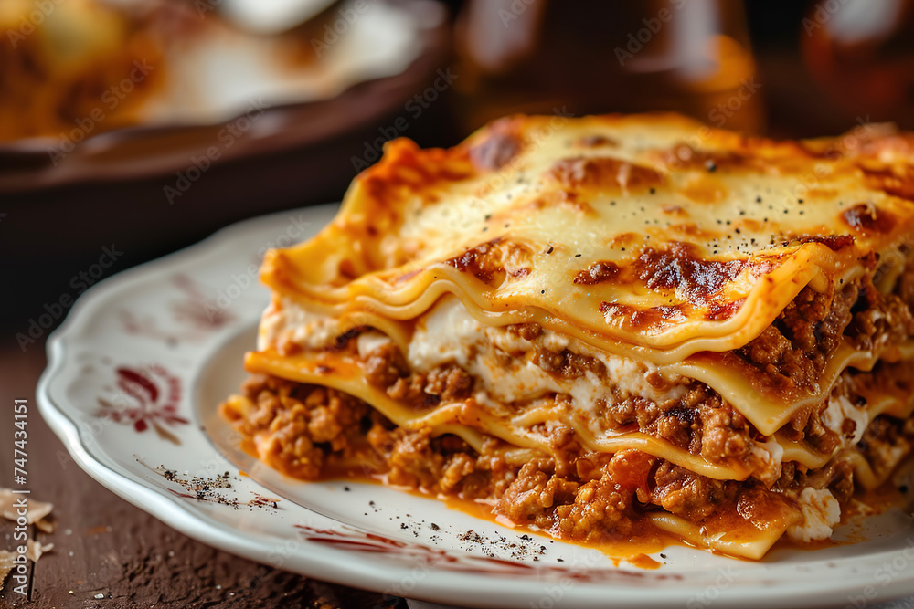 A plate of lasagne alla bolognese, a classic Emilian dish made with layers of pasta, bolognese (a meat-based sauce)