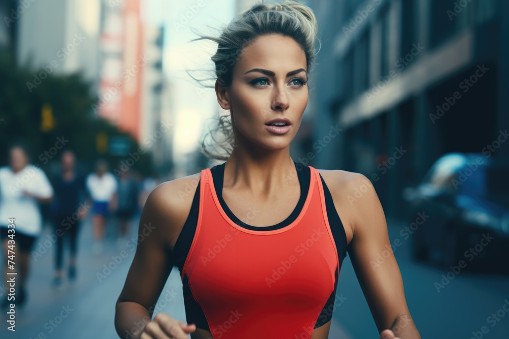 A woman in a red top running down a street, suitable for fitness or urban lifestyle concepts