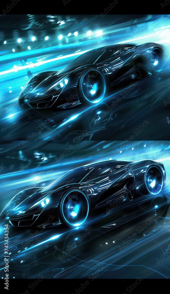 car speed with light and blur shadows, multi-panel compositions, distinctive character design, futuristic design, dark azure and black