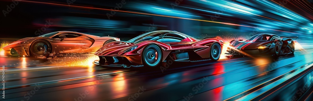 car speed with light and blur shadows, multi-panel compositions, distinctive character design, futuristic design, dark azure and black