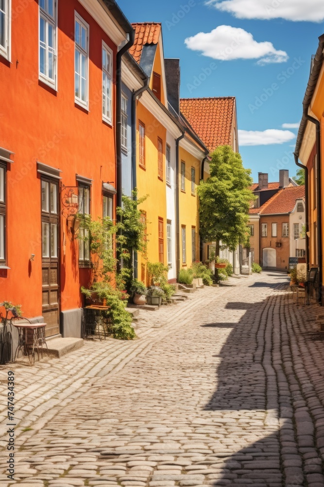 A scenic view of colorful buildings along a cobblestone street. Perfect for travel blogs or city guides
