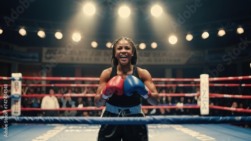 Boxing black woman very happy and excited doing winner gesture with arms raised