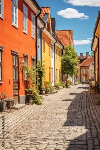 A scenic view of colorful buildings along a cobblestone street. Perfect for travel blogs or city guides
