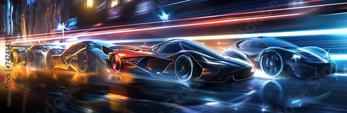 car speed with light and blur shadows  multi-panel compositions  distinctive character design  futuristic design  dark azure and black