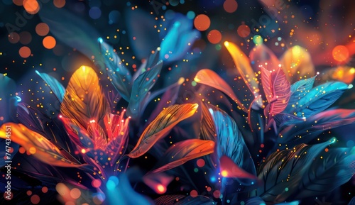 colorful lights light up the dark background with plants, in the style of dreamlike fantasy creatures, azure and amber © STOCKYE STUDIO
